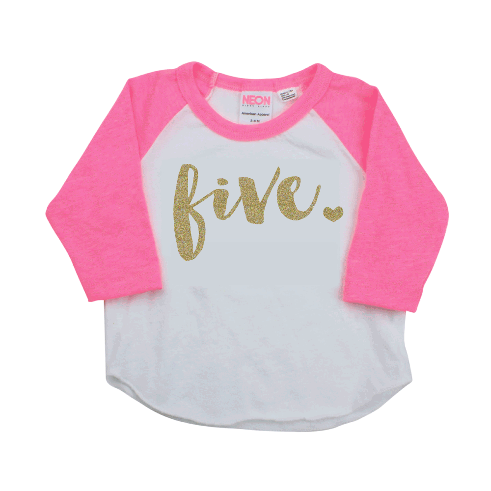 Fifth Birthday Girl Shirt, Five Year Old Pink and Gold Raglan – Bump and Beyond Designs